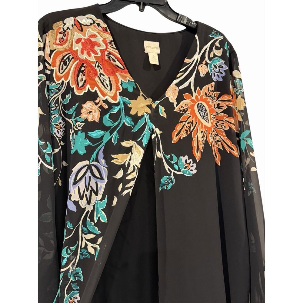 Chico’s Black Tunic Too W/ Multicolor Floral Embroidery Size XL Sheer Overlay - Picture 7 of 14
